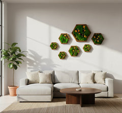 Hexagon Moss Art – Ball Moss, Reindeer Moss & Kurutulmuş Çiçekli El Yapımı Tasarım
